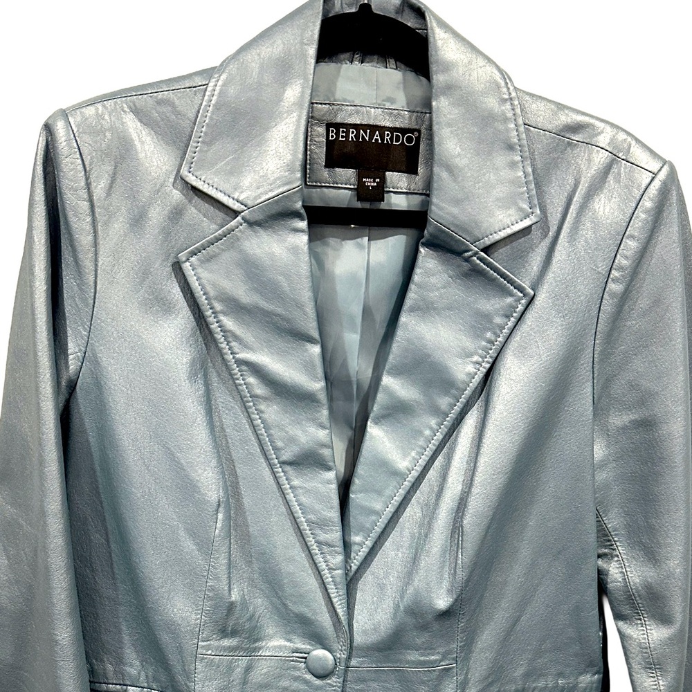 Bernardo Stunning Silvery Blue Leather Blazer Jacket L - Picture 3 of 13
